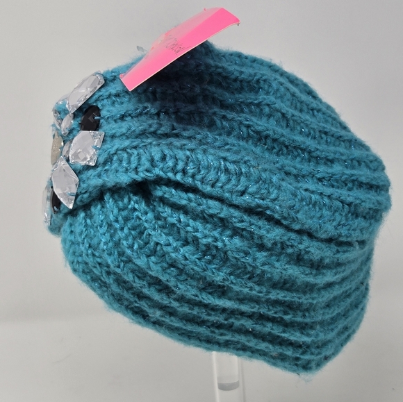 NWT BETSEY JOHNSON TEAL BEJEWELED SPARKLES BEANIE HEAD WRAP TURBAN HAT WOMEN OS - Picture 5 of 12
